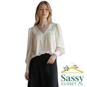 Ann Taylor White Blouse Statement Sleeves Pintuck Bodice Size S EUC